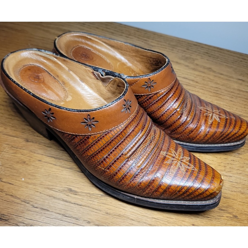 ARIAT Desert Star Size 7.5 B Lizard Leather Boot Shoes Cognac Brown Mules 13397